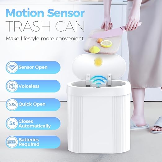 5 Gallon Bathroom Trash Can with Lid, Automatic Motion Sensor White Trash Can, Touchless Slim Waterproof Garbage Bin for Kitchen, Bedroom, Office, and Bathroom