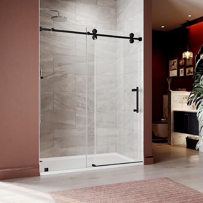 61-65 Inch x 76 Inch Sliding Frameless Shower Door, 3/8" Tempered Glass with Easy-Cleaning Coating, Stainless Steel Rollers & SGCC-Certified Stability, Matte Black