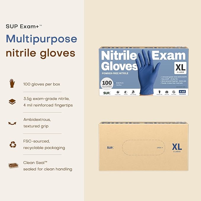 SUP Powder-Free Nitrile Exam Gloves, 100 Count Food Safe Latex-Free Medical Non-Sterile Cooking Disposable Glove, Blue