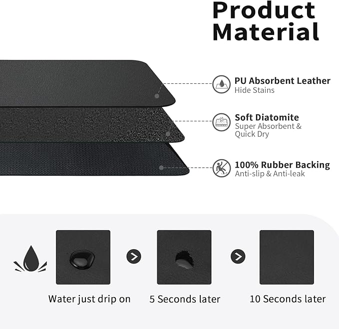 Dish Drying Mat for Kitchen Counter, Heat Resistant Drainer Mats with Non-slip Rubber Backed, Hide Stain Kitchen Super Absorbent Draining Mat, Easy to Clean Dish Rack Pad, Black 16"x18"