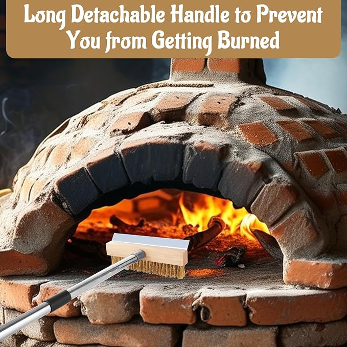 1 Pcs Adjustable Pizza Oven Brush with Scraper, Brass Bristles Pizza Stone Brush with Detachable Handle, Pizza Oven Accessories for Cleaning Pizza Oven