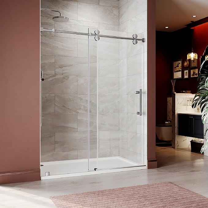 61-65 Inch x 80 Inch Sliding Frameless Shower Door, 3/8" Tempered Glass with Easy-Cleaning Coating, Stainless Steel Rollers & SGCC-Certified Stability, Bright Chrome