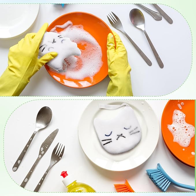 Honeydak 6 Pcs Reusable Cat Scrub Sponges Cat Dish Sponges for Kitchen Pet Shaped Hair Lifter Scrubbers Black White for Scrubbing Cleaning Dishwashing Kitchen Scrubbers for Washing Furniture