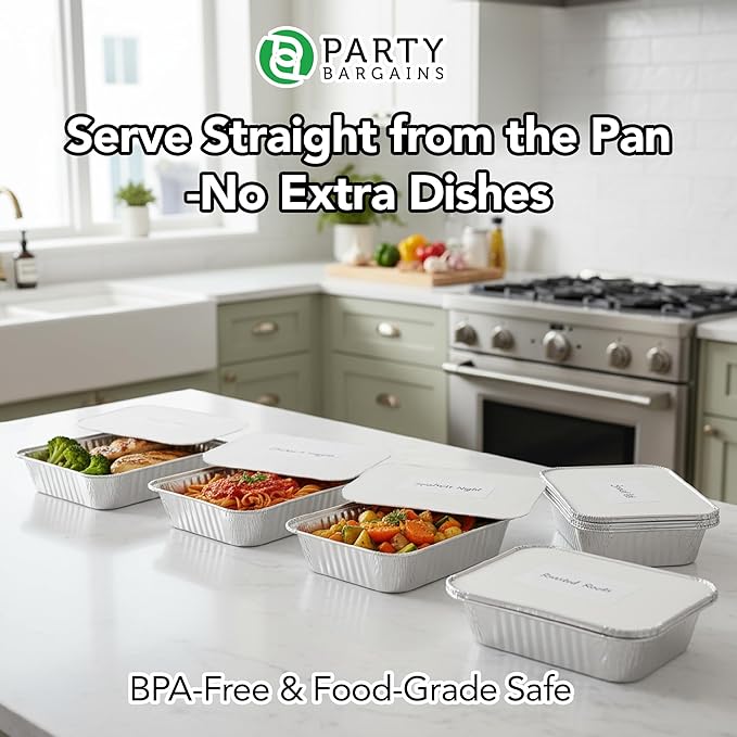 PARTY BARGAINS 4 lb Aluminum Pans with Board Lids, 50 Pack – 12 x 8 in Disposable Foil Roasting & Steam Table Pans for Catering, Takeout, Meal Prep, Oven Safe up to 240°C