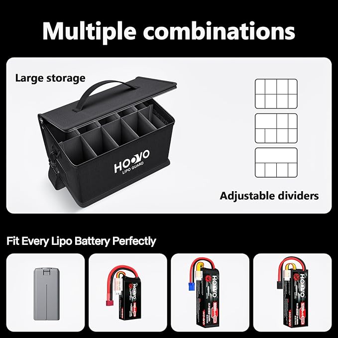 HOOVO Lipo Bag, Fireproof and Explosionproof LiPo Battery Bags - Large Capacity LiPo Guard Safe Pouch Adjustable for 10 - Cell LiPo Storage & Charge (10.6"x 6.7" x 6.7")