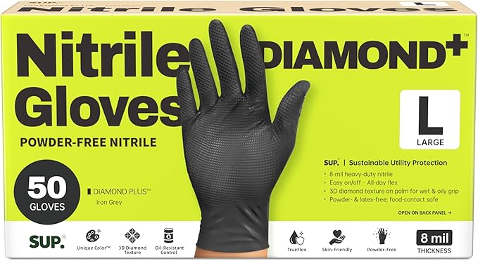 SUPER+ HEAVY DUTY Nitrile Gloves 8 Mil Diamond Texture Disposable Chemical Resistant Powder &Latex Free Food Safe Black 50 Ct