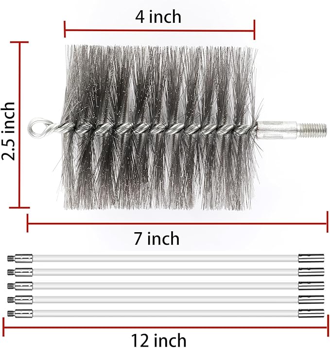 50-inch Long Tent Wood Burning Stove Pipe Cleaning Brush with Stainless Steel Bristles, and Chimney Cleaning Wire Brush with 4 Flexible Rods, 2.5'' Brush Heads