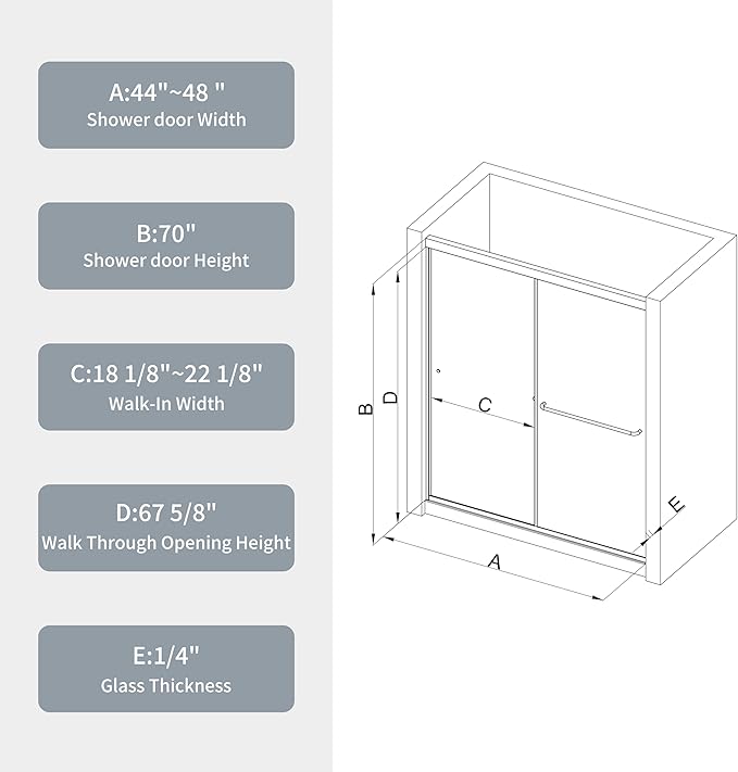 Bypass Glass Shower Door 44-48" W x 70" H with 1/4" Clear SGCC Tempered Glass, Semi-Frameless Double Sliding Shower Door, Easy to Clean, Easy to Install, Chrome