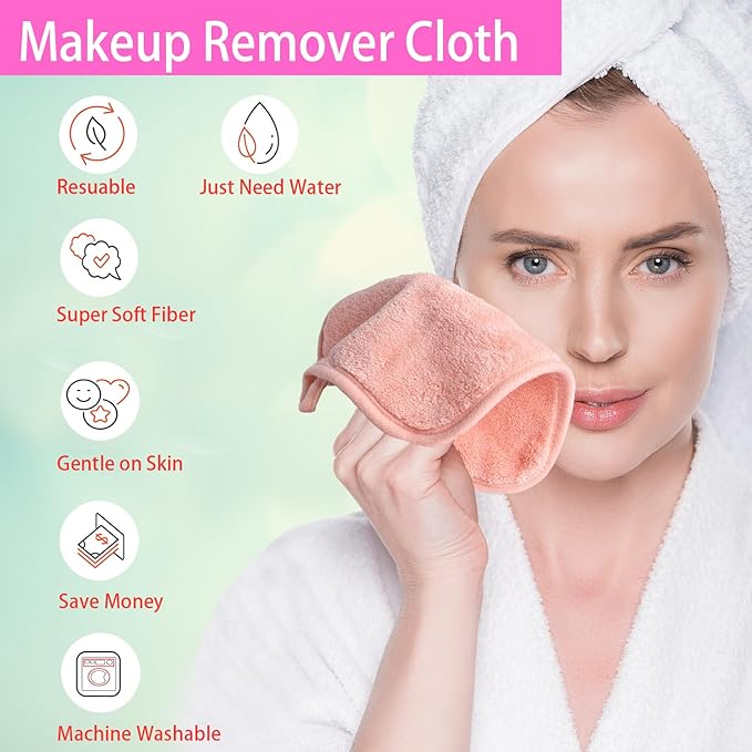 Makeup Remover Cloths for Face, Eye, Lips - Reusable Makeup Remover Pads Soft Microfiber Facial Cleansing Cloths 8 x 8 inch 12 Pack (Coral)