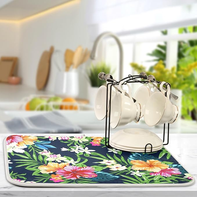 Tarity Colorful Tropical Flowers Dish Drying Mat for Kitchen Counter Absorbent Heat Resistant Microfiber Dishes Drainer Mat 16x18 in Dish Pad Sink Mat Protective Pad Kitchen Decor