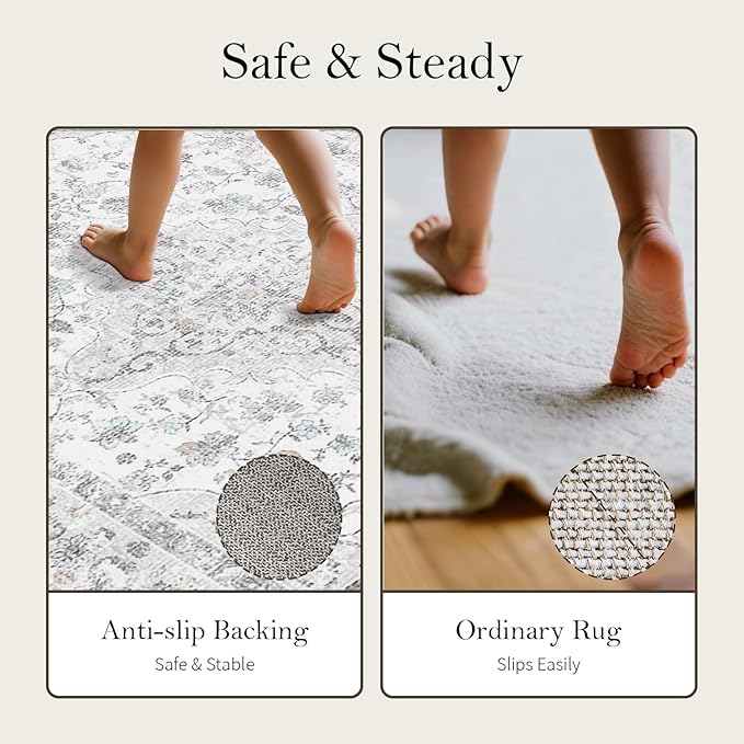 Area Rugs 5x7, Washable Grey Rugs for Living Room, Bedroom, Non Slip, Neutral Floral Vintage Indoor Rug for Farmhouse Nursery, Dining Room, Kid Room, Office, Dorm