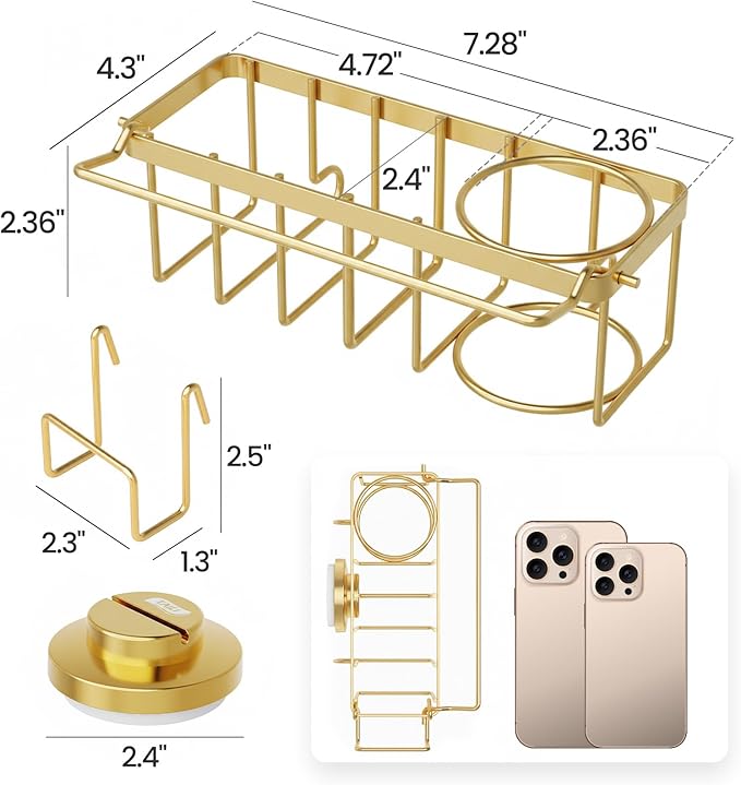 TAILI 4-in-1 Sponge Holder for Kitchen Sink with Strong Suction Cup Removable, Rustproof Stainless Steel Sink Caddy for Sponge, Brush, Scrubber, Scraper -Gold