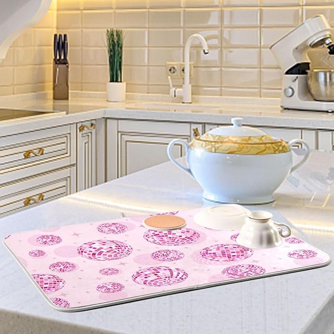 Disco Balls Pink Dish Drying Mat for Kitchen Counter Absorbent Microfiber Drying Pad, Medium 16x18 in, Reversible Drainer Mats