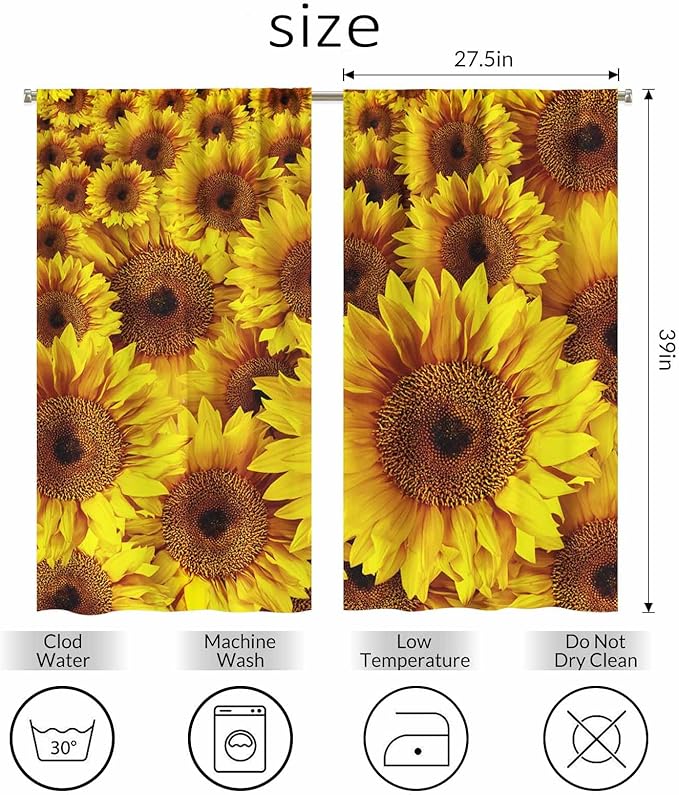 Sunflower Kitchen Curtains Vintage Rustic Grunge Flowers Field Blooms Yellow Petals Short Tier Curtains for Bathroom Cafe Small Window Drapes Treatment 2 Panels (27.5x39 Inch)
