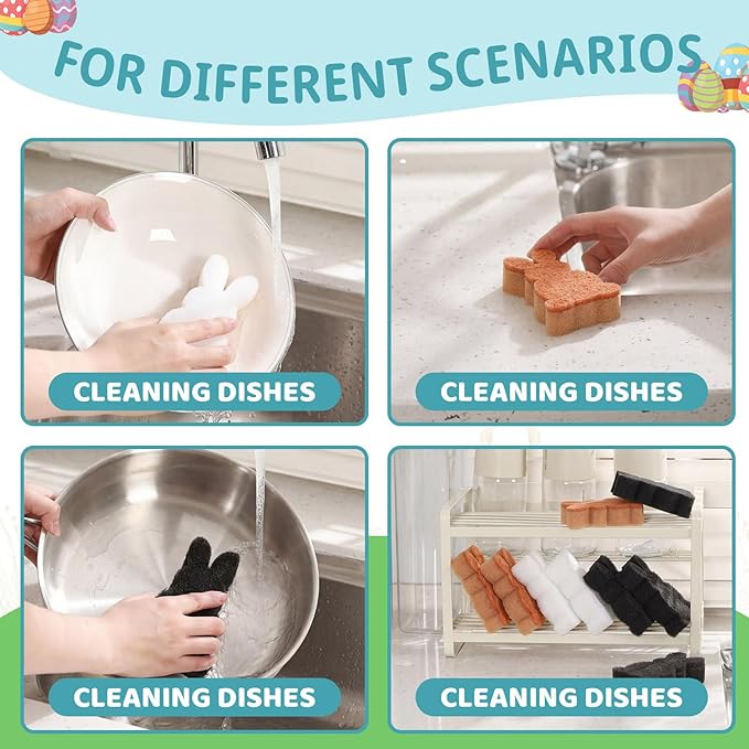 Tioncy 12 Pack Kitchen Sponges Bulk Dual Sided Scrubber Sponges Dishwashing Kitchen Cleaning Accessories for Household Supplies(Easter Bunny,White, Brown, Black)