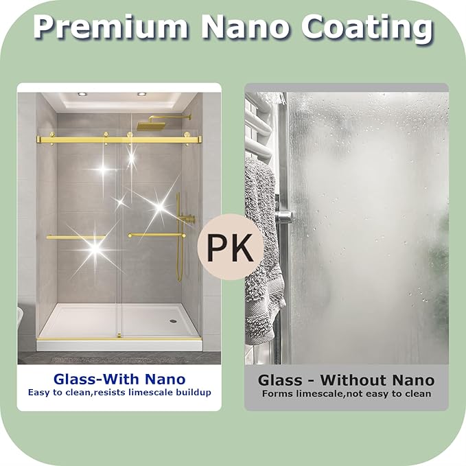 49"- 54" W x 76" H Frameless Shower Door, Double Sliding Shower Door,5/16"(8mm) Clear Tempered Glass,Easy Sliding Shower Door with Explosion-Proof Film (Brushed Gold 54" Wx76 H)