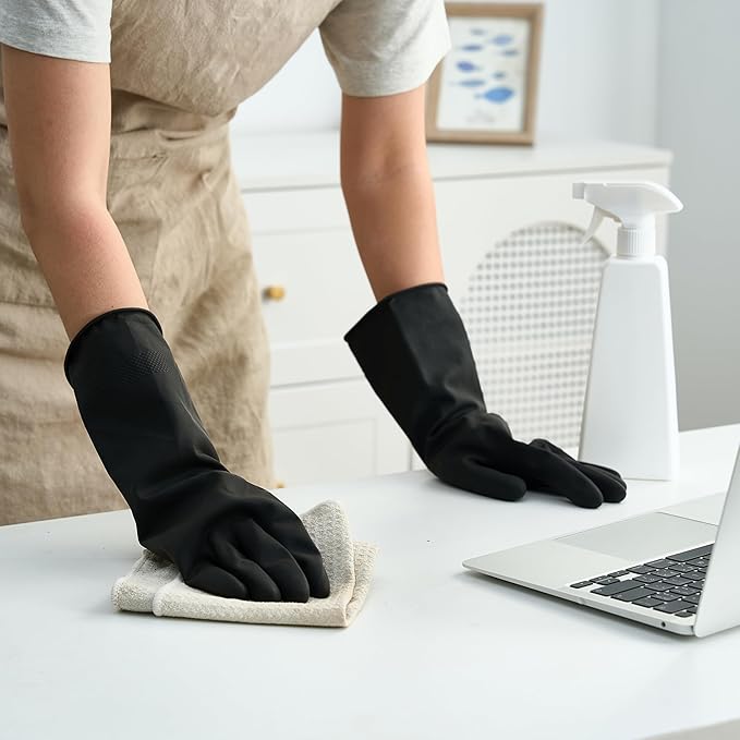Bamllum 4 Pairs Black Rubber Dishwashing Gloves - Reusable Cleaning Gloves for Kitchen, Household, Anti-Slip, Flexible & Long-Lasting (Medium)