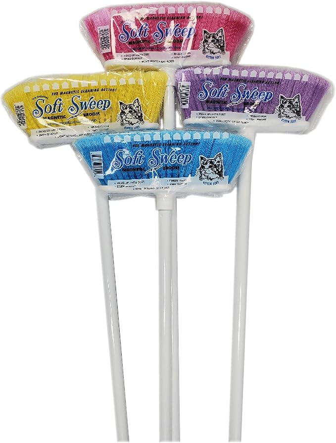 The Original Soft Sweep Magnetic Action Brooms - 12 Pack of Brooms - Assorted Colors (Pink, Purple, Yellow, Blue) - Soft Bristle Broom - Perfect for Wood Floors