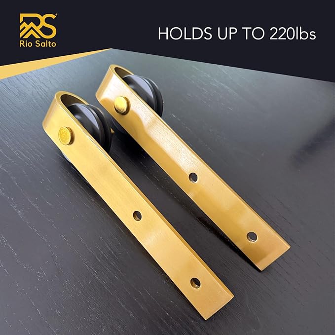 Rio Salto Brushed Gold Barn Door Hardware Set – Inc. Sliding Barn Door Rollers, Floor Guide Wall Mount, 12" Hand Pull Handle – Fits 1 3/8" & 1 3/4" Door Panels Supports 170 lbs – Track Not Included
