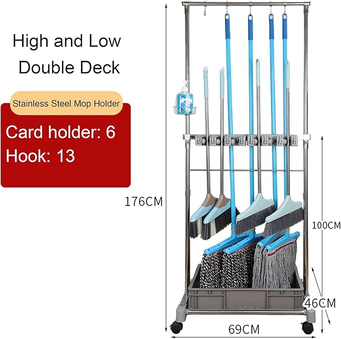 Movable Commercial Mop Rack,Floor Standing Cleaning Tool Cart Storage,Mop and Broom Garden Tool Holder,Housekeeping Cart, Umbrella Stand,Double Deck Stainless Steel Bracket,can Put Wet Mop (Color :
