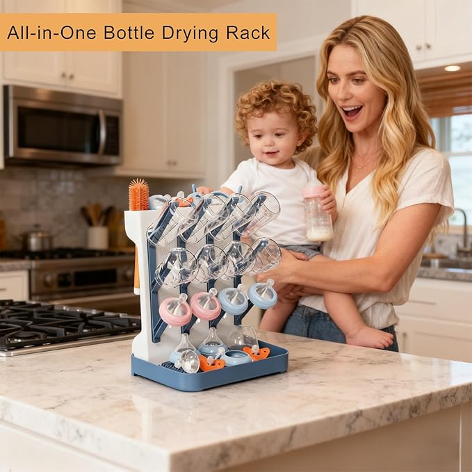Baby Bottle Drying Rack, Vertical Bottle Rack Dryer Space Saving Bottle Drying Rack Countertop Organizer with Brush Holder for Bottles & Baby Accessories Pacifiers and Pump Part- BPA-Free(Blue)