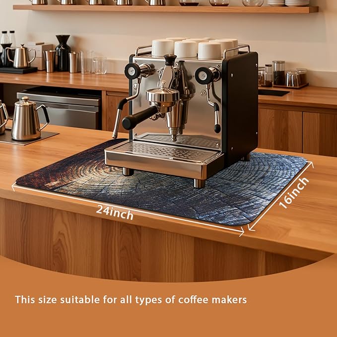 Tea Mat 24x16 Inch, Wood Grain Stump Design, Absorbent Hide Stain Rubber Backed Dish Drying Mat for Kitchen Counter, Mat for Countertops, Under Coffee Bar Station Maker Machine Pot Espresso Machine