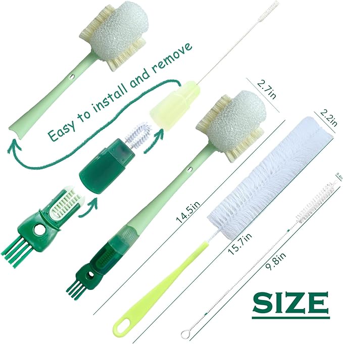 Water Bottle Brush with 5-in-1 Multi-Function, Baby Bottle Brush for Cleaning Nipple/Cup Lid Gap, Straw Bottle Cleaner, 15.1" Long Handle for Narrow Bottleneck Decanter, 3 Pack Set