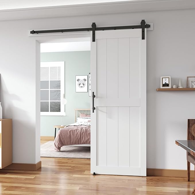 34''x80'' Sliding Barn Door with 6 Ft Barn Door Hardware Kit& Handle& Floor Guides,Pre-Drilled Holes Easy Assembly - Include Installation Manual, Water-Proof PVC Surface, H-Frame, White