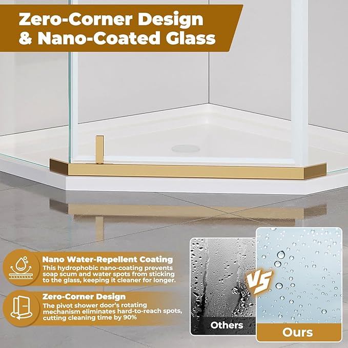 36" D x 36" W x 72" H Neo-Angle Shower Door, Corner Shower Enclosure with Explosion-Proof Film and Nano Coating, Stainless Steel Frame, 1/4” (6MM) SGCC Tempered Glass, Brushed Gold Finish