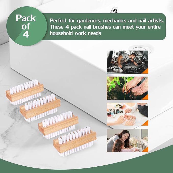 DBEBTOOL Nail Brush Set - 4pcs Two-Side Fingernail Nail Brushes for Cleaning, Wooden Nail Cleaning Brush, Stiff Nail Scrubber Brush for Cleaning Toes and Nails