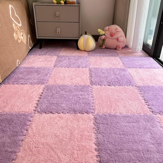 12Pcs Interlocking Carpet Tiles,12"x 12" Plush Interlocking Foam Carpet Tiles with Border,Fluffy Play Mat Floor Tiles Thick Padded Squares Foam Tiles for Playroom Decor (Pink+Purple)
