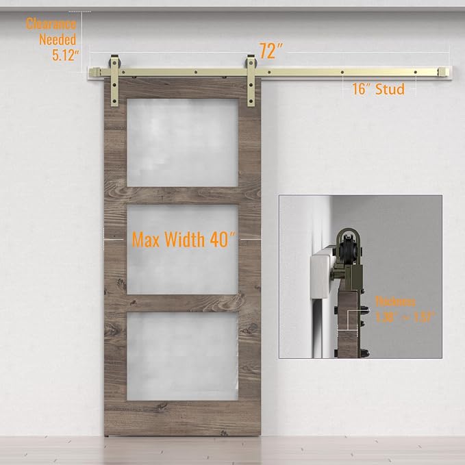 6.6FT Classic Brass Sliding Barn Door Hardware Kit for Interior Door Brushed Gold