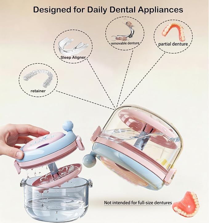 Denture Bath Cup，Retainer Cleaner Case Box,Night Mouth Guard Case Holder,Storage Soak Container with Drain Tray for Travel Cleaning with Mirror and Brush (Pink&Blue)