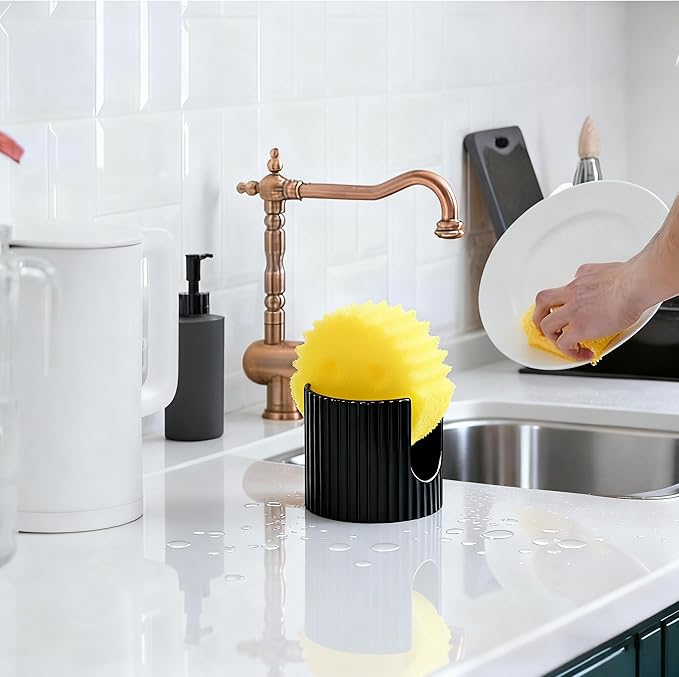 Ceramic Sponge Holder for Kitchen Sink - Dishwasher Safe Porcelain Dish Sponge Caddy Minimalist Vertical Stripes, Scrub Daddy Drying Rack for Countertop, Bathroom, Kitchen Sink Organizer, 2pcs