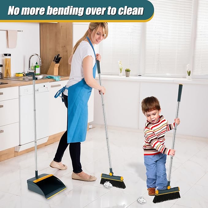 Broom and Dustpan Set for Home, 180° Rotating Broom Combo, Foldable Standing Dustpan and Brush, Long Handle Broom and Dustpan Combo Set with Scraper Teeth for Cleaning Room Office Lobby Floor (B)