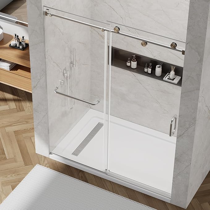 56-60" W x 76" H Frameless Sliding Shower Door, Frameless Shower Door, Shower Glass Door with 5/16" (8mm) Clear SGCC Tempered Glass, Stainless Steel Hardware O01 (Brushed Silver)