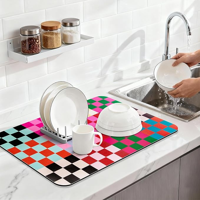 Checkered Dish Drying Mat (Colorful Chessboard, 24" x 16") for Kitchen Counter Coffee Mat Bar Accessories,Fit Uder Pot, Dish Rack,Hide Stain,Absorbent Easy Clean Colorful Dish Rack Pad