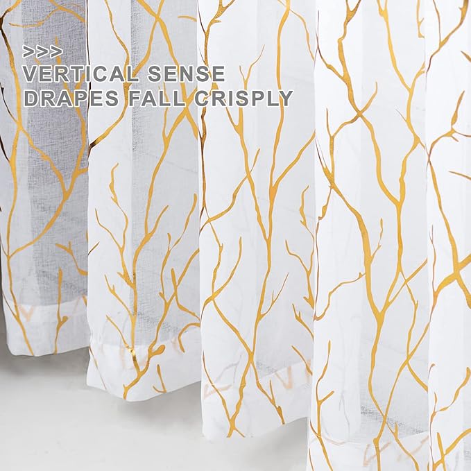 FINECITY White and Gold Sheer Curtains 45 Inch Length 2 Panels Metallic Gold Foil Branches Printed Sheer Kitchen Curtains Over Sink, Rod Pocket Privacy Short Sheer Window Curtains, 52 x 45 Inch