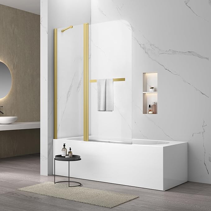 Sunrosa Pivot Tub Shower Door - 48"58", Frameless Glass with Towel Bar, Bifold Bathtub Shower Door in Brushed Gold