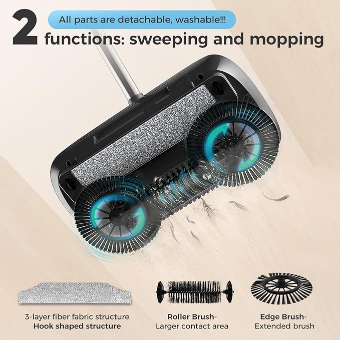 Manual Floor Sweeper Black - 7 Replacement Parts, Dry Wet Pickup for Hardwood Tile Marble, Pet Hair Small Debris Cleaner, No Power Needed, Home Office Use