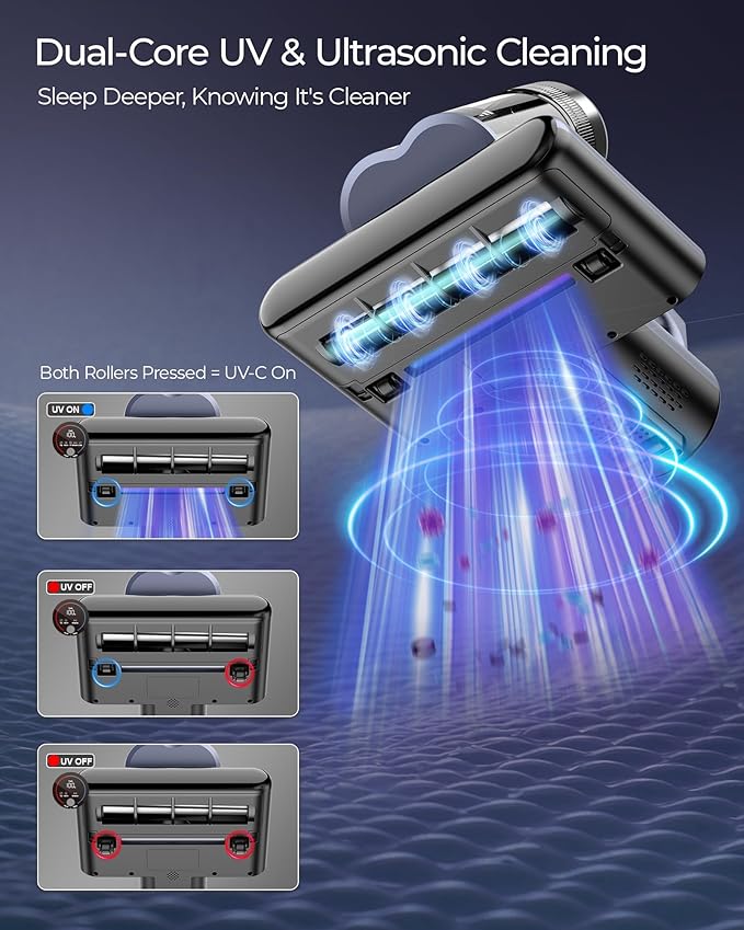 Upgrade Cordless Mattress Vacuum with 18kPa Ultra-Deep Suction, 2-Speed Bed Vacuum with 33000 RPM/Min Roller Brush, 253.7nm UV-C Light & LED Display, HEPA, 149℉ Heat, Aroma & Anion for Bed Sofa