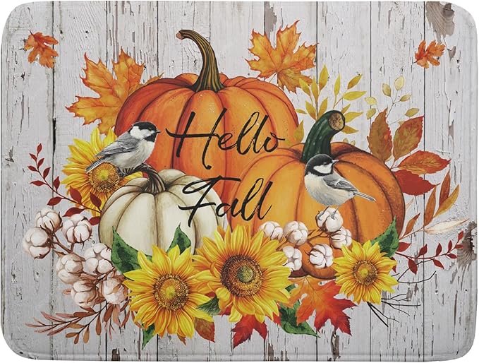 Hello Fall Dish Drying Mat for Kitchen Counter 18x24 Inch Orange Pumpkin Absorbent Drying Pad with Hanging Loop Autumn Home Decoration