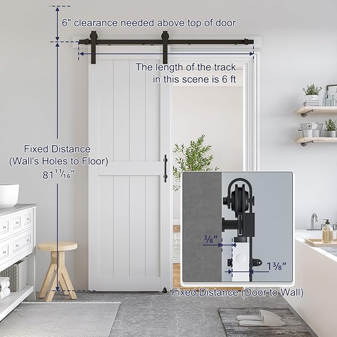 SmartStandard 32 x 80 inch White Sliding MDF Barn Door with 6FT Black Sliding Door Hardware Kit & Handle, Pre-Drilled Ready to Assemble, Waterproof PVC Coating, H-Frame