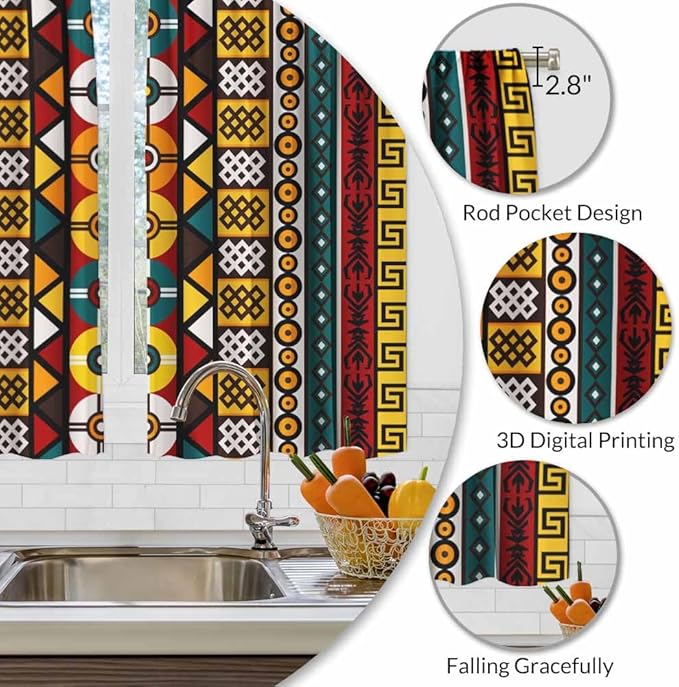 Kente Pattern Kitchen Curtains African Ancient Ethnic Tribal Geometrical Motifs Short Tier Curtains for Bathroom Cafe Small Window Drapes Treatment 2 Panels (27.5x39 Inch)