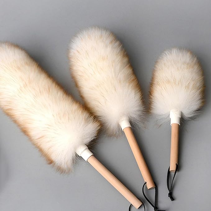 Lambswool Duster with Wooden Handle,Reusable Feather Duster for Cleaning Furniture,Window Blinds,Bookshelves Etc (Color : White, Size : 40cm)