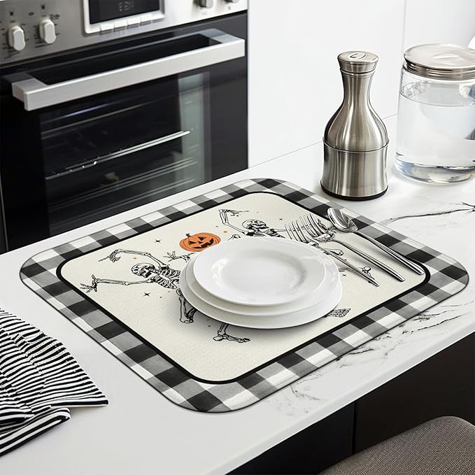 Halloween Dish Drying Mat for Kitchen Counter,Funny Skeleton Pattern Microfiber Drying Mat,Black and White Buffalo Plaid Background Washable Absorbent Countertop Holiday Dish Mat Drain Mat,16x18In