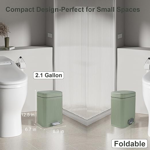 rejomiik Small Bathroom Trash Can with Lid 2.1 Gallon Soft Close Step Slim Garbage Can Waste Bin for Office, Bedroom, Kitchen, Light Green