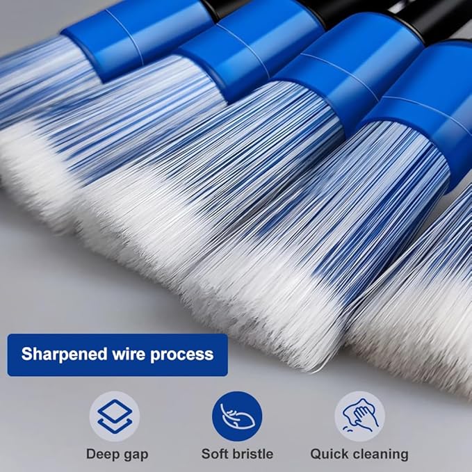 5pcs Different Size Car Detailing Brushes, Soft Non-Scratch Car Interior Cleaning Brushes for Cleaning Wheels, Interior, Exterior, Skylight, Leather, Air Vents, Emblems(Black+Blue)