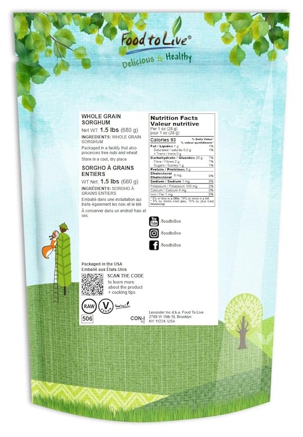 Food to Live Italian White Whole Grain Sorghum, 1.5 Pounds – Premium White Groats. Raw Milo Seeds. Vegan, Bulk Broom-corn. Durra is Great for Making Flour and Popped Jowar Dhani