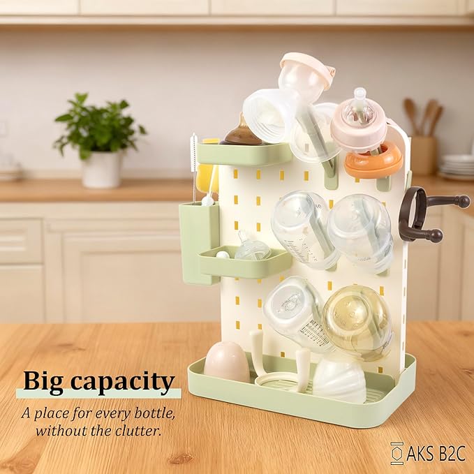Baby Bottle Drying Rack Space Saving Countertop Vertical Rack with Brushes Holder (Green)